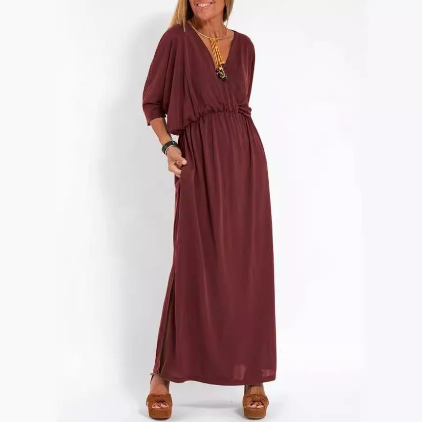 Damen elegantes Maxikleid mit seitlichem Schlitz und flexiblem Taillenbund Drune