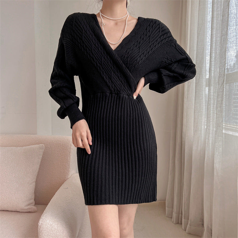 Damen Elegantes Strickkleid mit V-Ausschnitt und strukturiertem Oberteil Drune