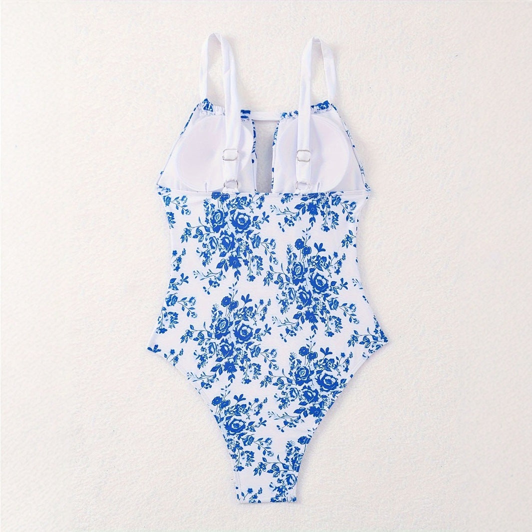 Damen Einteiliger Badeanzug mit floralem Design und tiefem V-Ausschnitt Drune
