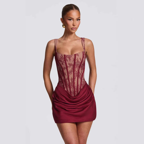 Damen Korsett-Kleid mit luxuriösen Spitzenakzenten und drapiertem Rock Drune