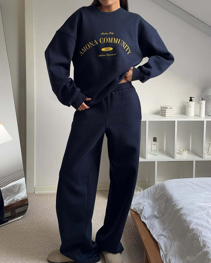 Damen lässiger Oversized-Sweatshirt mit kreativer Schriftzuggestaltung und bequemen Jogginghosen Drune