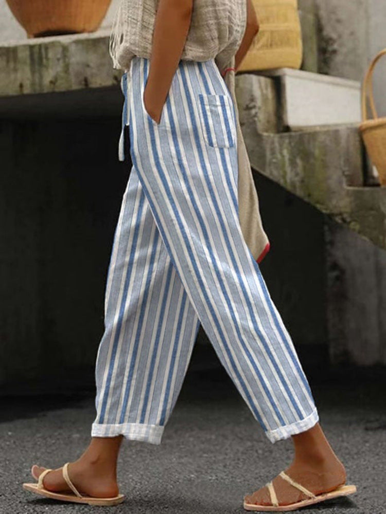 Damen Weite Leinenhose mit Streifenmuster Drune