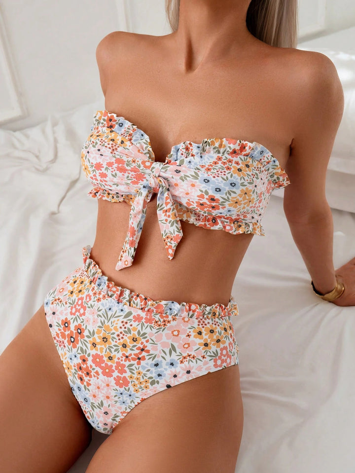 Damen Bandeau-Bikini mit floralem Rüschendesign Drune