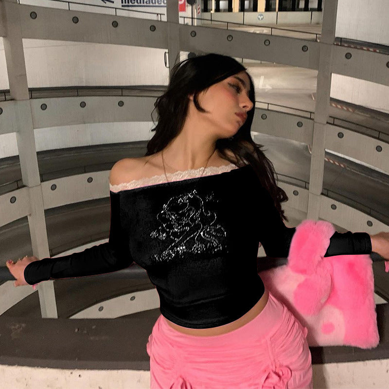 Damen Oberteil mit Off-Shoulder Design und romantischem Spitzenbesatz Drune