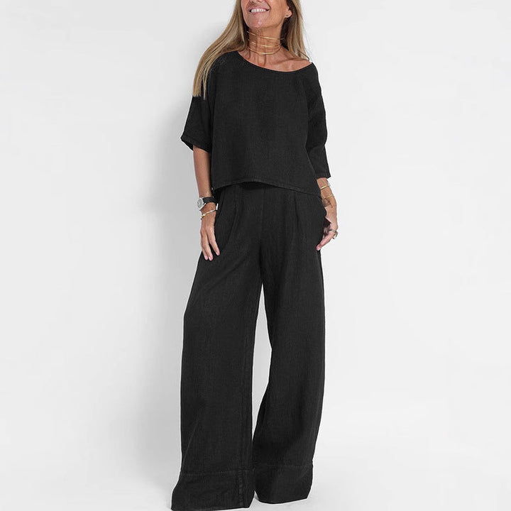 Damen luftiges Leinen-Ensemble mit weitem Schnitt und praktischen Taschen Drune