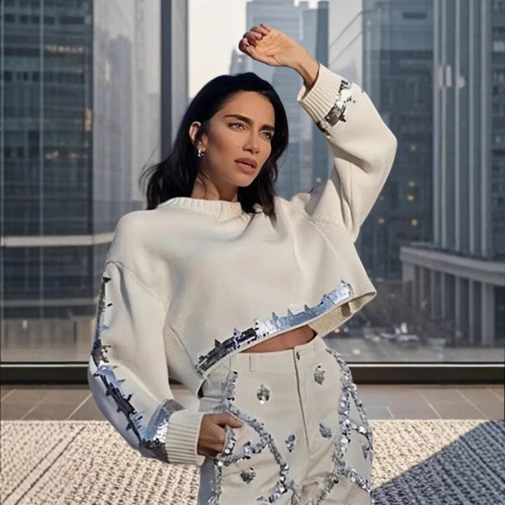 Damen modischer cropped Pullover mit Pailletten Drune