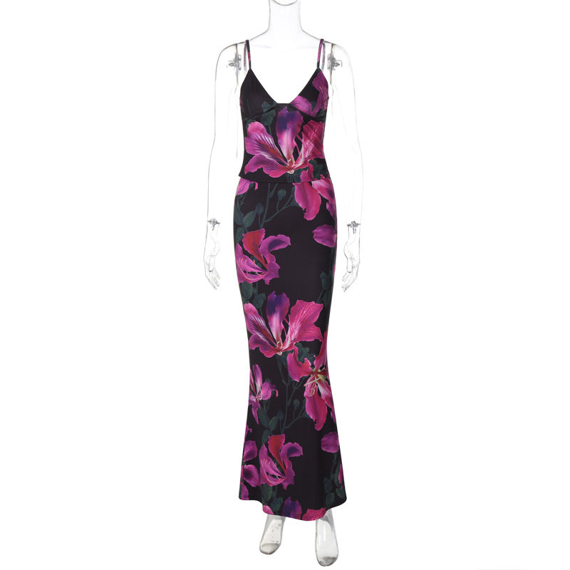 Damen Elegantes Maxikleid mit floralem Muster und Spaghetti-Trägern Drune