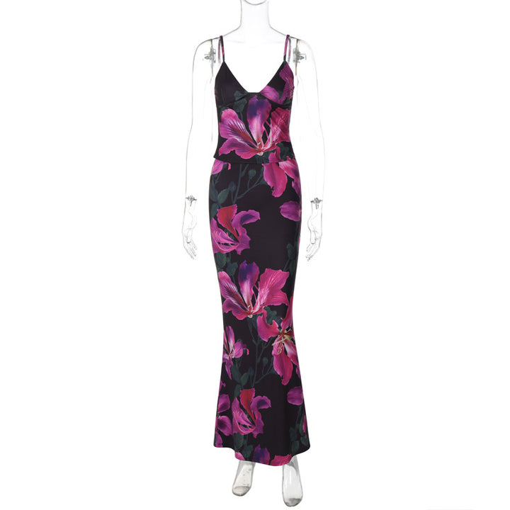 Damen Elegantes Maxikleid mit floralem Muster und Spaghetti-Trägern Drune