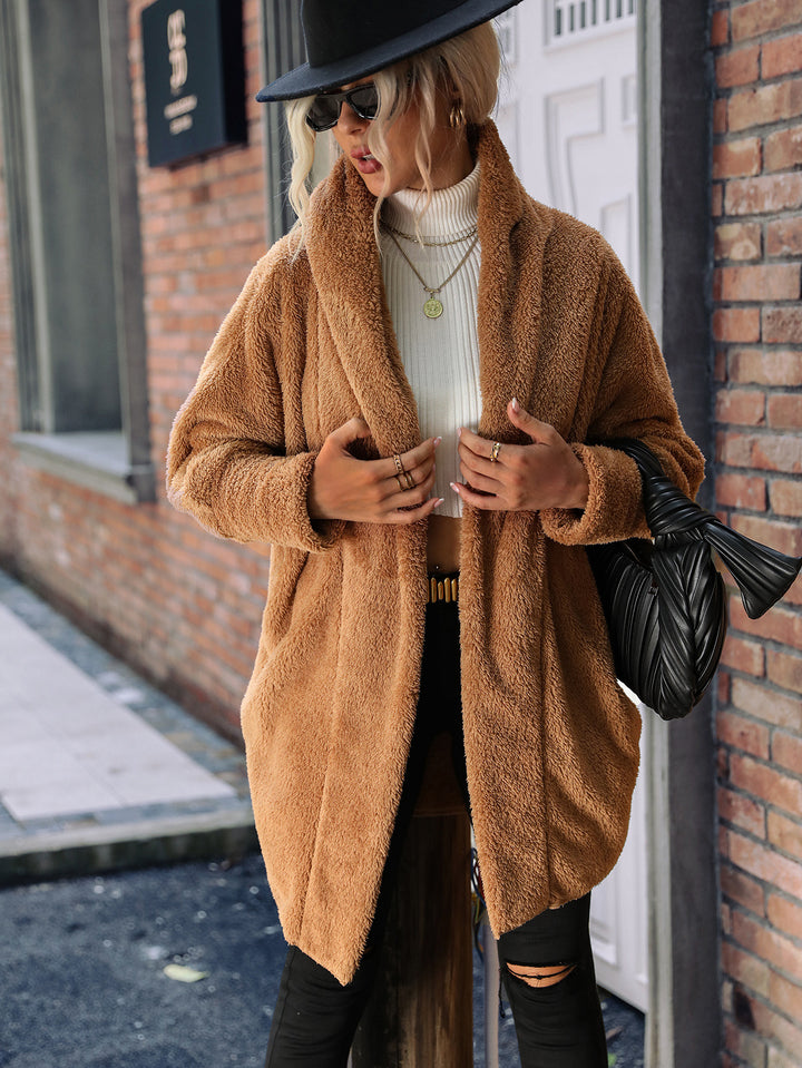 Damen Kuscheliger Oversize-Mantel aus weichem Plüsch mit großem Kragen Drune