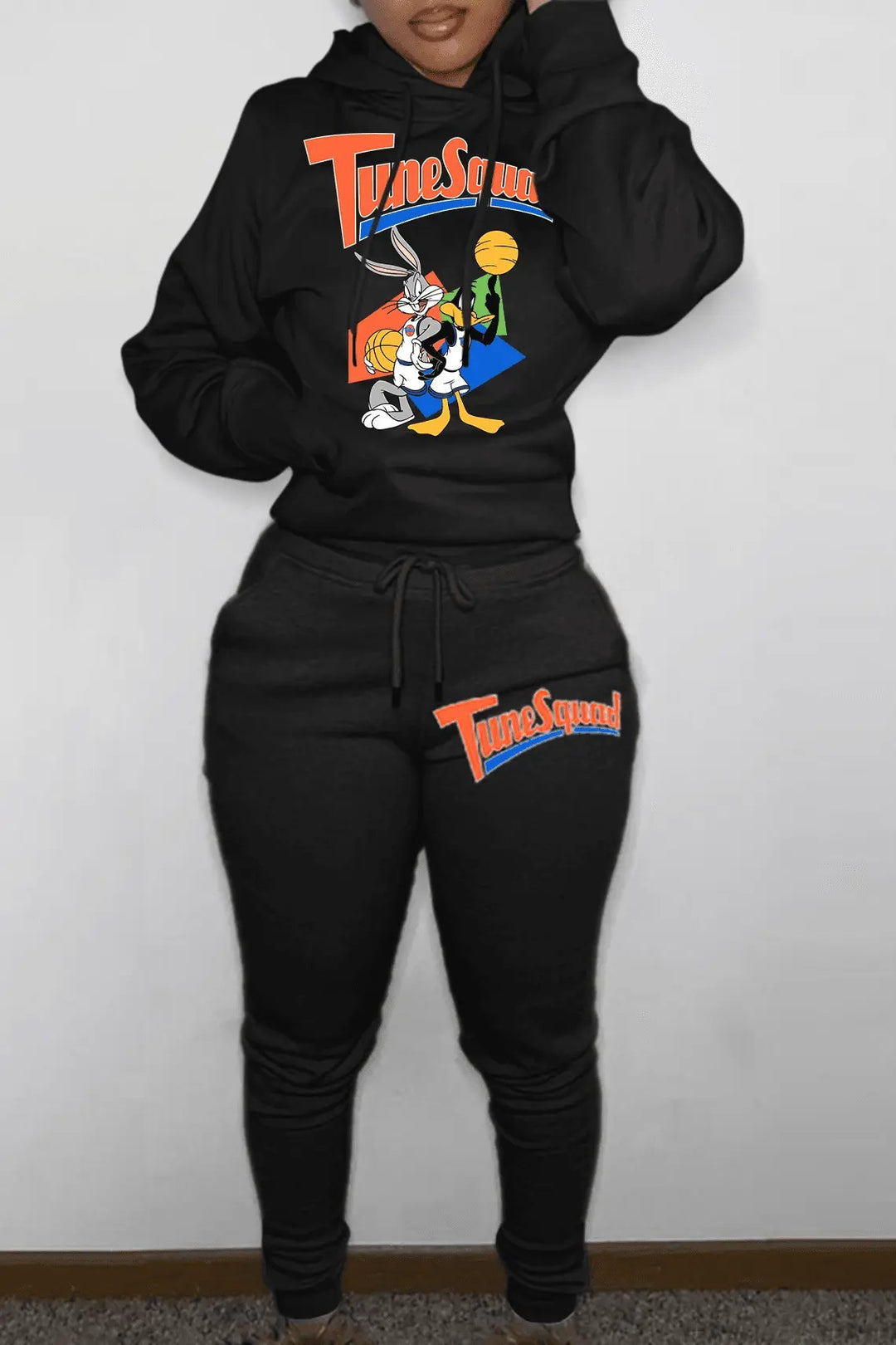 Damen Hoodie- und Jogginghose-Set mit energischem Cartoon-Motiv Drune