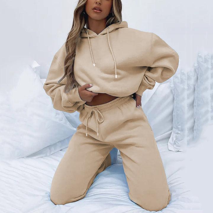 Damen nan Cropped Kapuzenjacke und High-Waist Jogginghose Set aus French Terry mit elastischem Bund Drune