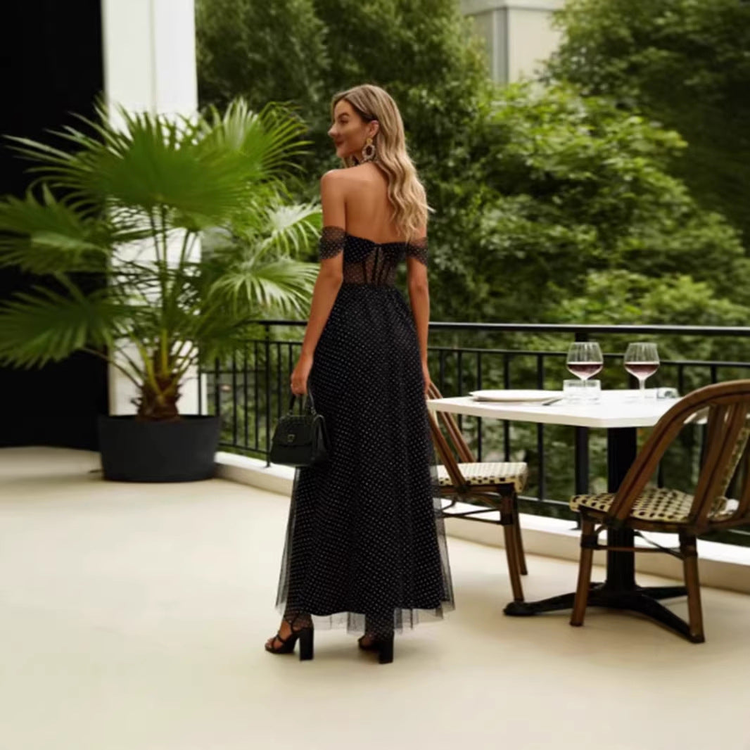 Damen Elegant schulterfreies Maxikleid mit transparenten Einsätzen und Pünktchenmuster Drune