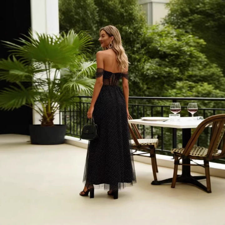 Damen Elegant schulterfreies Maxikleid mit transparenten Einsätzen und Pünktchenmuster Drune