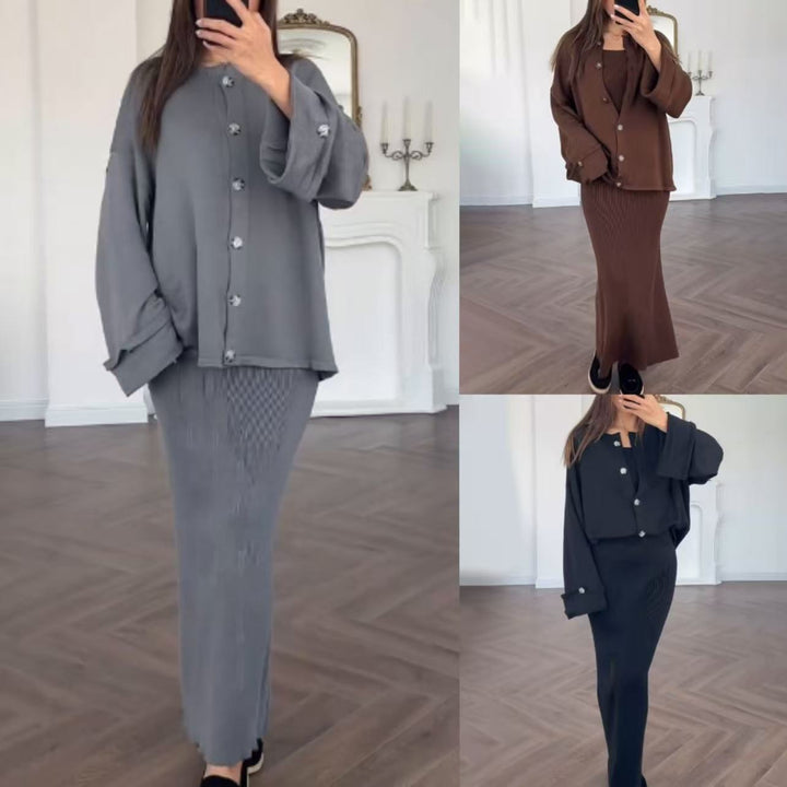 Damen elegantes Strickkleid mit passender Cardigan-Überwurf Drune