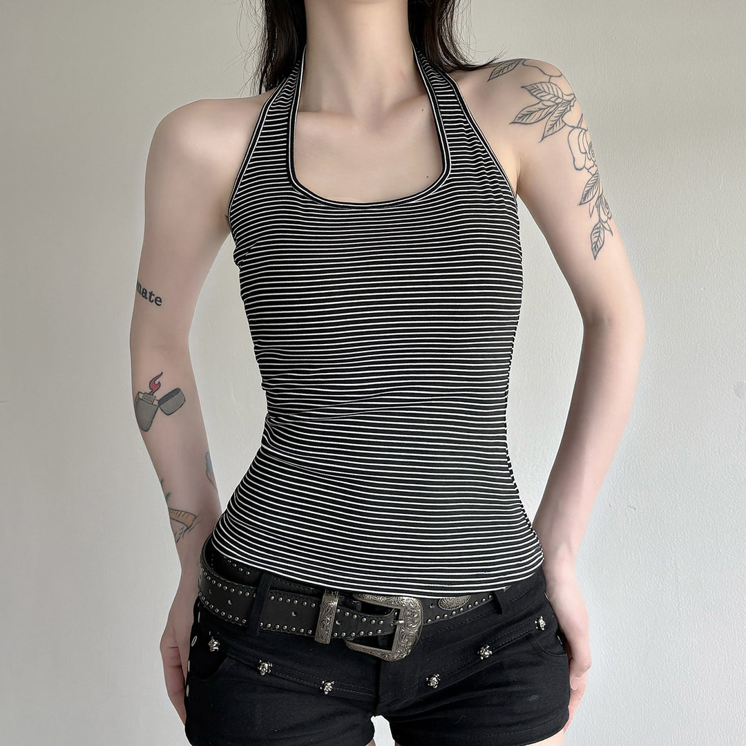 Damen Sportliches Haltertop mit breitem Kragen und feinen Streifen Drune