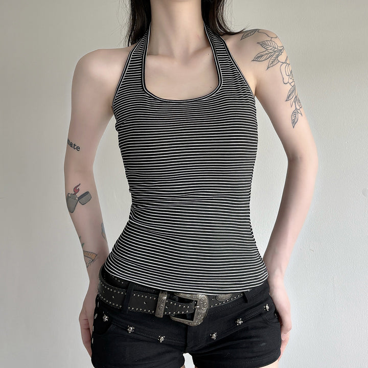 Damen Sportliches Haltertop mit breitem Kragen und feinen Streifen Drune