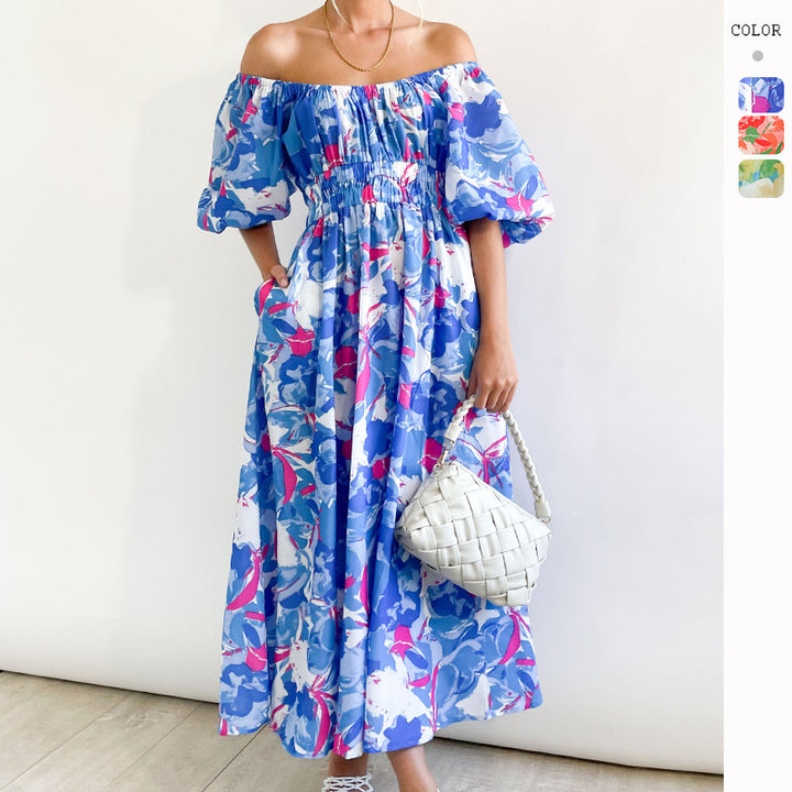 Damen Off-Shoulder Maxikleid mit floralen Mustern und elastischem Bund Drune