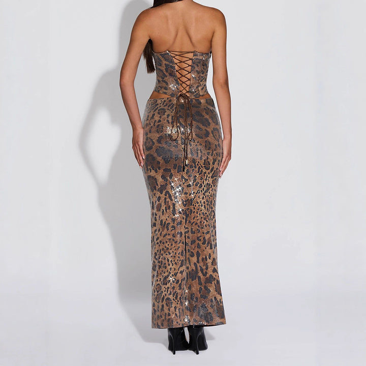 Damen Glamouröses Maxikleid mit Leopardenmuster Drune