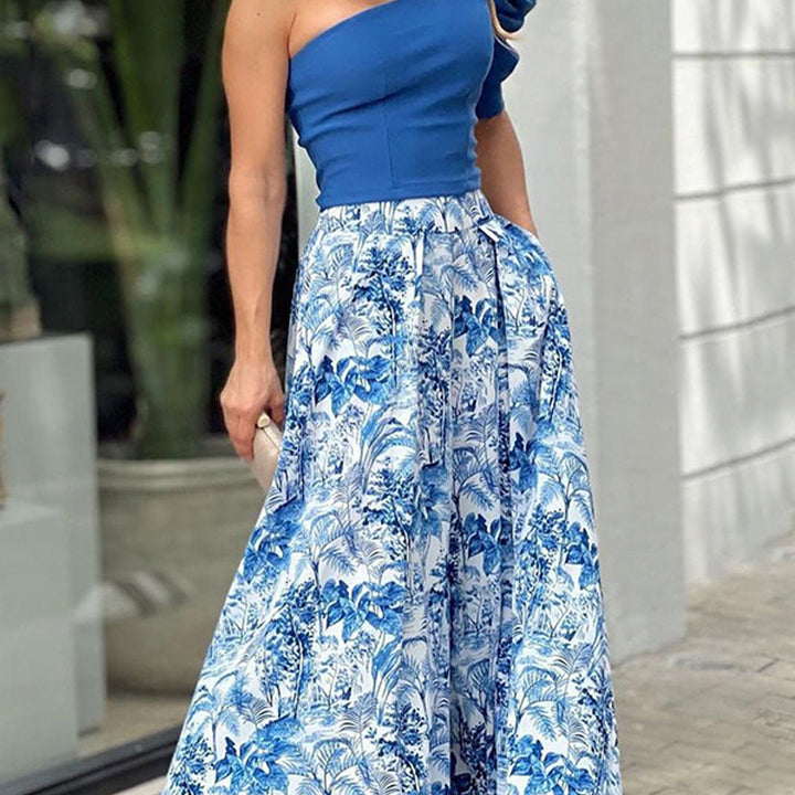 Damen Maxikleid mit asymmetrischem Oberteil und floralen Musterdetails Drune