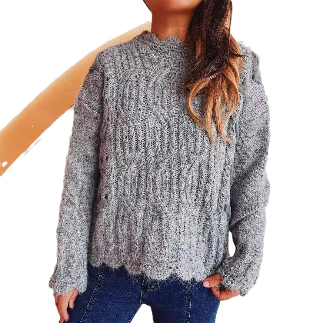 Damen Grobstrickpullover mit modischem Zopfmuster und einzigartigen Schneeflocken-Applikationen Drune