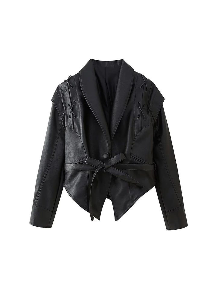 Damen modische Bikerjacke mit dekorativen Schnürdetails und eleganter Taillierung Drune