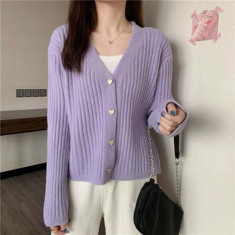 Damen Rippenstrick Cardigan mit herzförmigen Knöpfen Drune