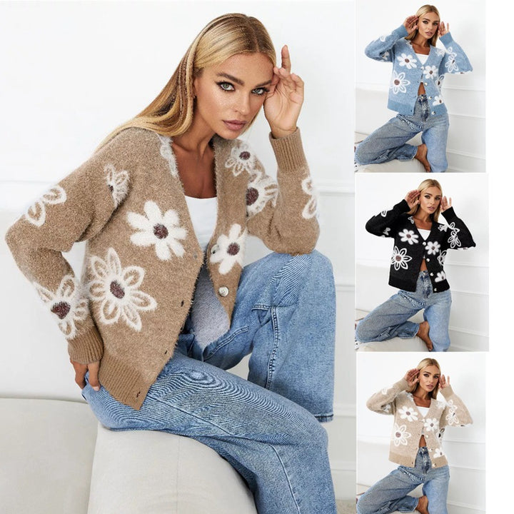 Damen Strickjacke mit floralen Mustern und eleganten Knopfdetails Drune