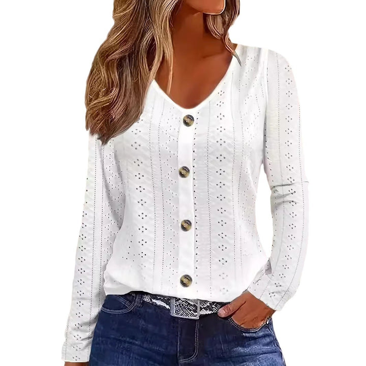 Damen Fein strukturiertes Langarmshirt mit eleganten Knöpfen Drune