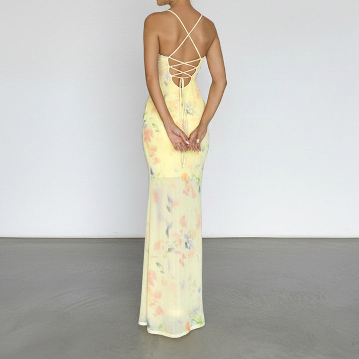 Damen Blumen Maxikleid mit raffinierten Spaghettiträgern und Spitzen-Akzenten Drune