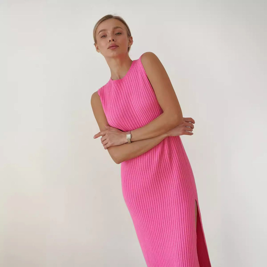 Damen elegantes, figurbetontes Strickkleid mit hohem Kragen und Rippstruktur Drune