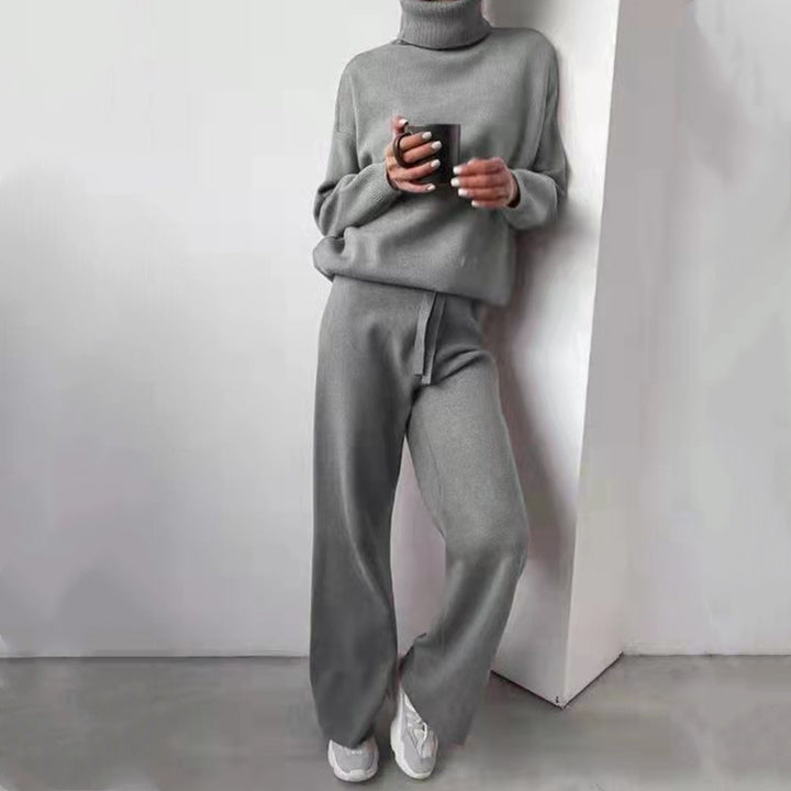 Damen elegantes Strick-Loungewear-Set mit hohem Kragen und weitem Bein Drune