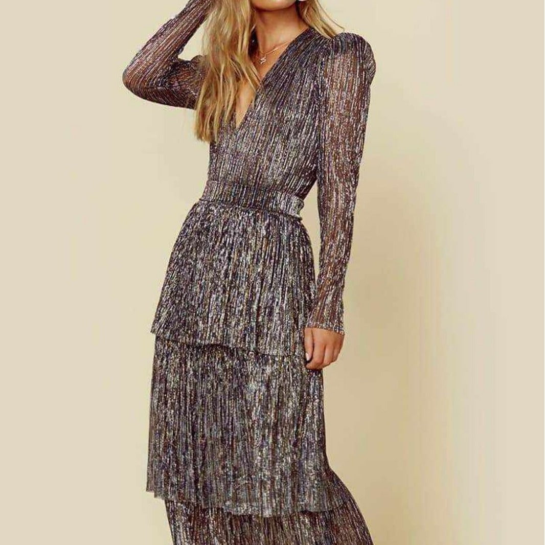 Damen Glamouröses Abendkleid mit schillernden Lagen und V-Ausschnitt Drune