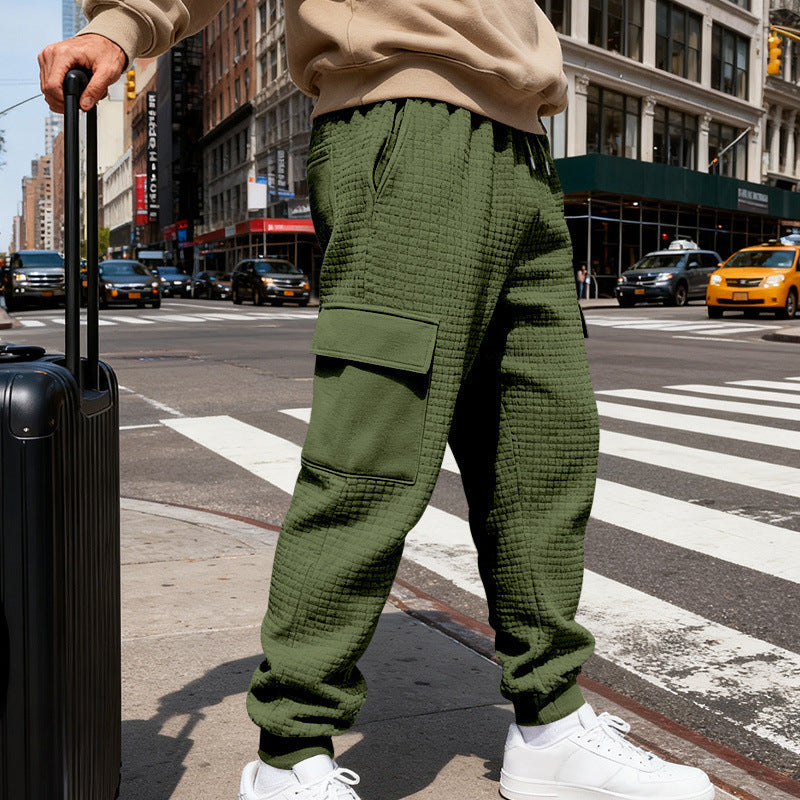 Herren nan Waffelstruktur Cargohose im Joggingstil mit Klappentaschen und elastischem Bund Drune