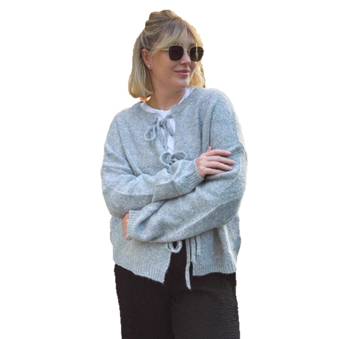 Damen kuschelige Strickjacke mit Bändchen und weit geschnittenen Ärmeln Drune