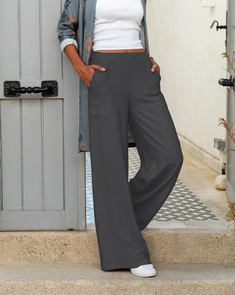 Damen weite Leinenhose mit praktischen Seitentaschen und elastischem Bund Drune