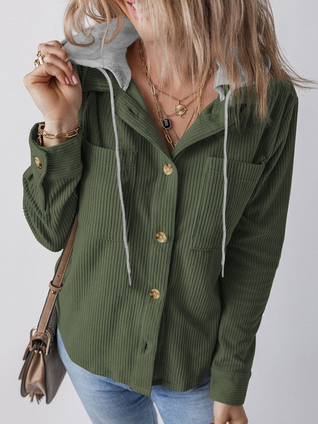 Damen gestreifte Hemdjacke mit Kapuze und praktischen Taschen Drune