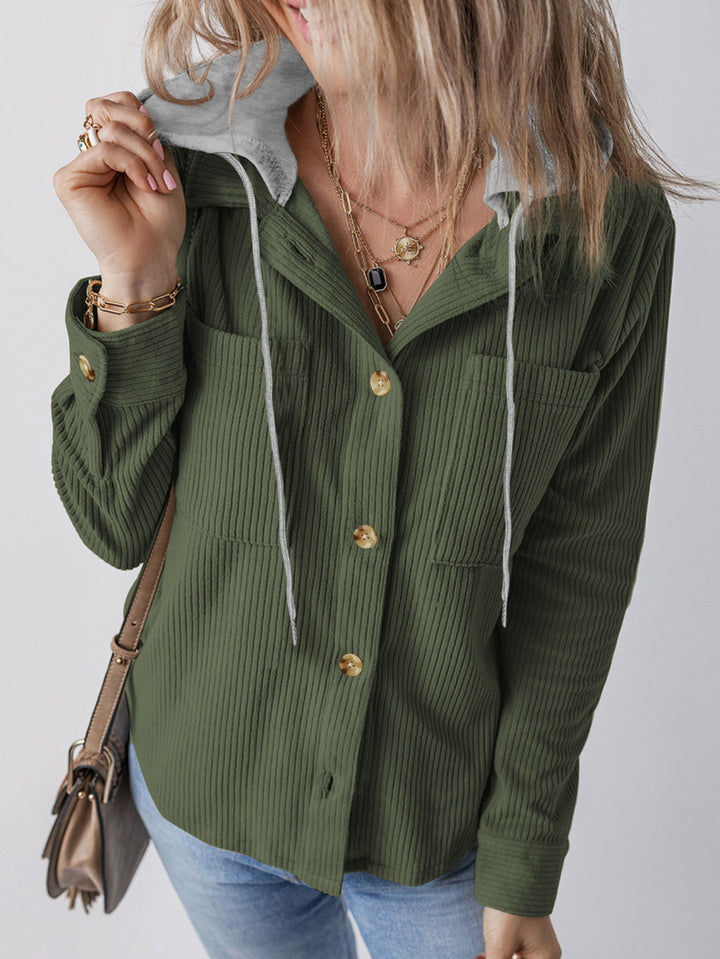 Damen gestreifte Hemdjacke mit Kapuze und praktischen Taschen Drune