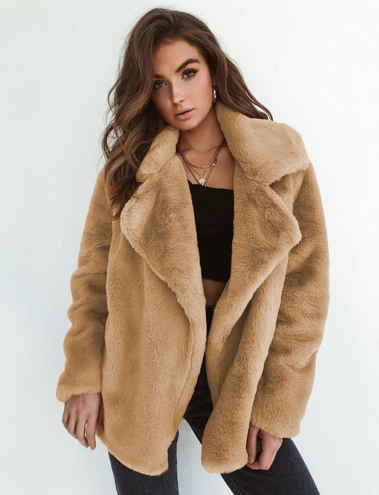 Damen Plüschige Oversized Jacke mit umschlagbarem Kragen und dezentem Schnitt Drune