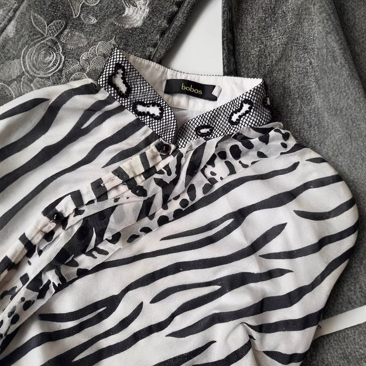 Damen Modisches T-Shirt mit tierischem Muster und dekorativem Kragen Drune