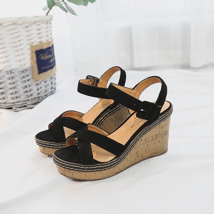 Damen nan Keilabsatz Sandalen mit Korkplateau verstellbarem Knöchelriemen aus Veloursleder Drune