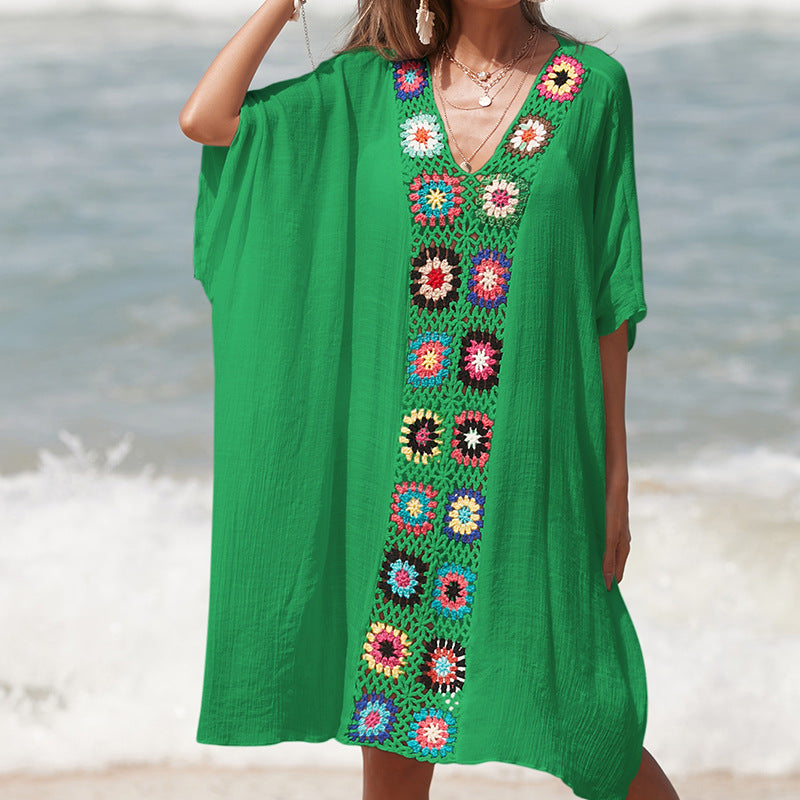 Damen Häkel-Strandtunika im lässigen Oversize-Stil mit bunten Applikationen Drune