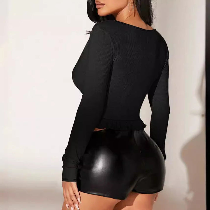 Damen kurzärmeliges Crop-Top mit verspieltem Kordelzug und Rüschendetails Drune