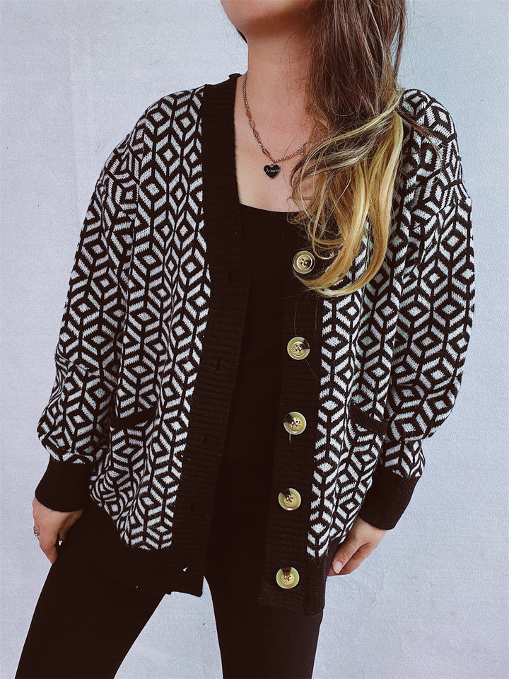 Damen Strickjacke mit geometrischem Muster und Knopfdetails Drune