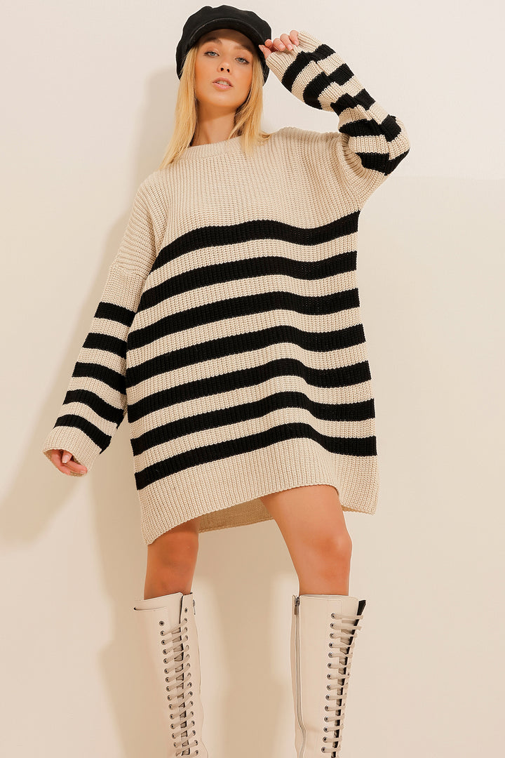 Damen lässiger Strickpullover mit gestreiftem Design und überschnittenen Schultern Drune