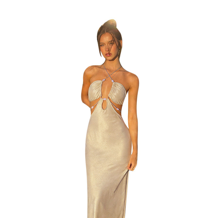 Damen langes Abendkleid mit tiefem V-Ausschnitt und schimmernden Details Drune