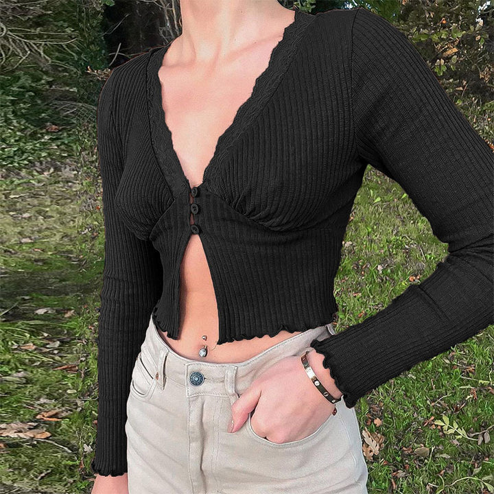 Damen Crop-Top mit femininer Spitze und Knopfdetails Drune