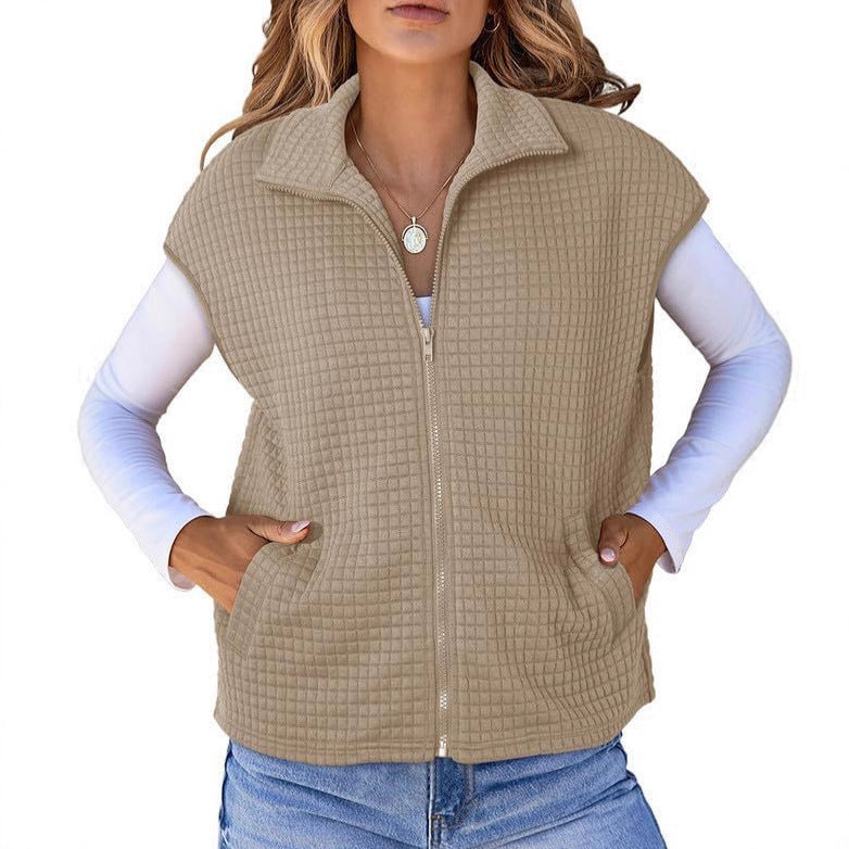 Damen Leichte Waffelstrick Weste mit Taschen und Stehkragen Drune