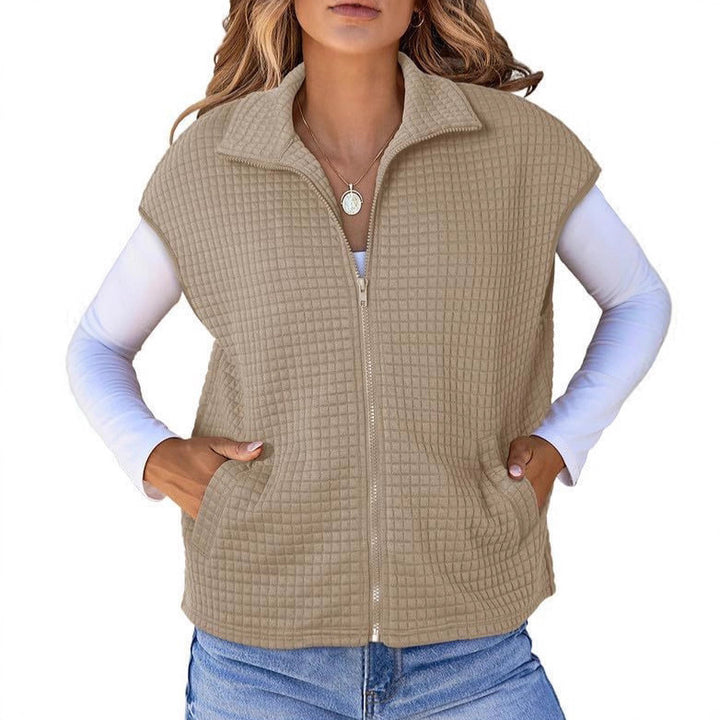 Damen Leichte Waffelstrick Weste mit Taschen und Stehkragen Drune