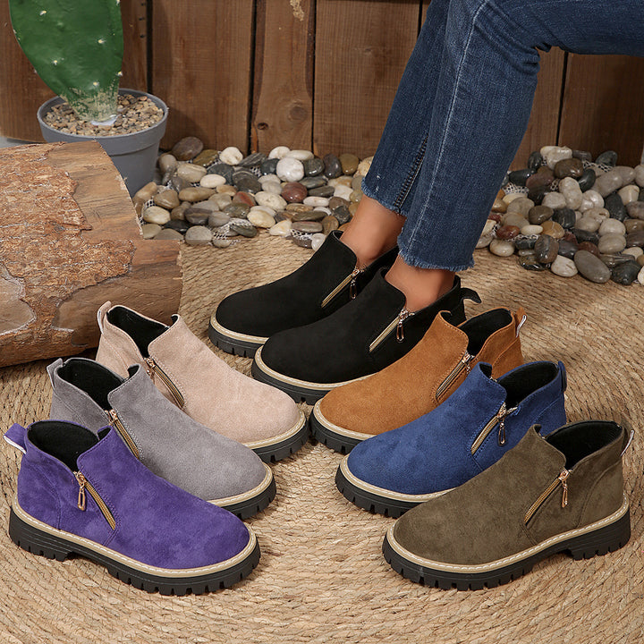Damen nan knöchelhohe Stiefelette mit dekorativem Reißverschluss gepolstertem Schaft und robuster Profilsohle Drune