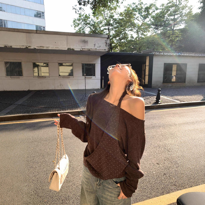 Damen modernes Oberteil mit asymmetrischem Ausschnitt und elegantem Riemen Drune
